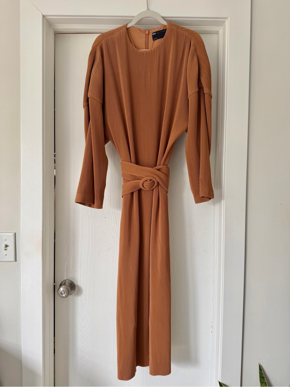 ASOS Edition Plisse Long Sleeve Midi Dress w/Belt - Camel